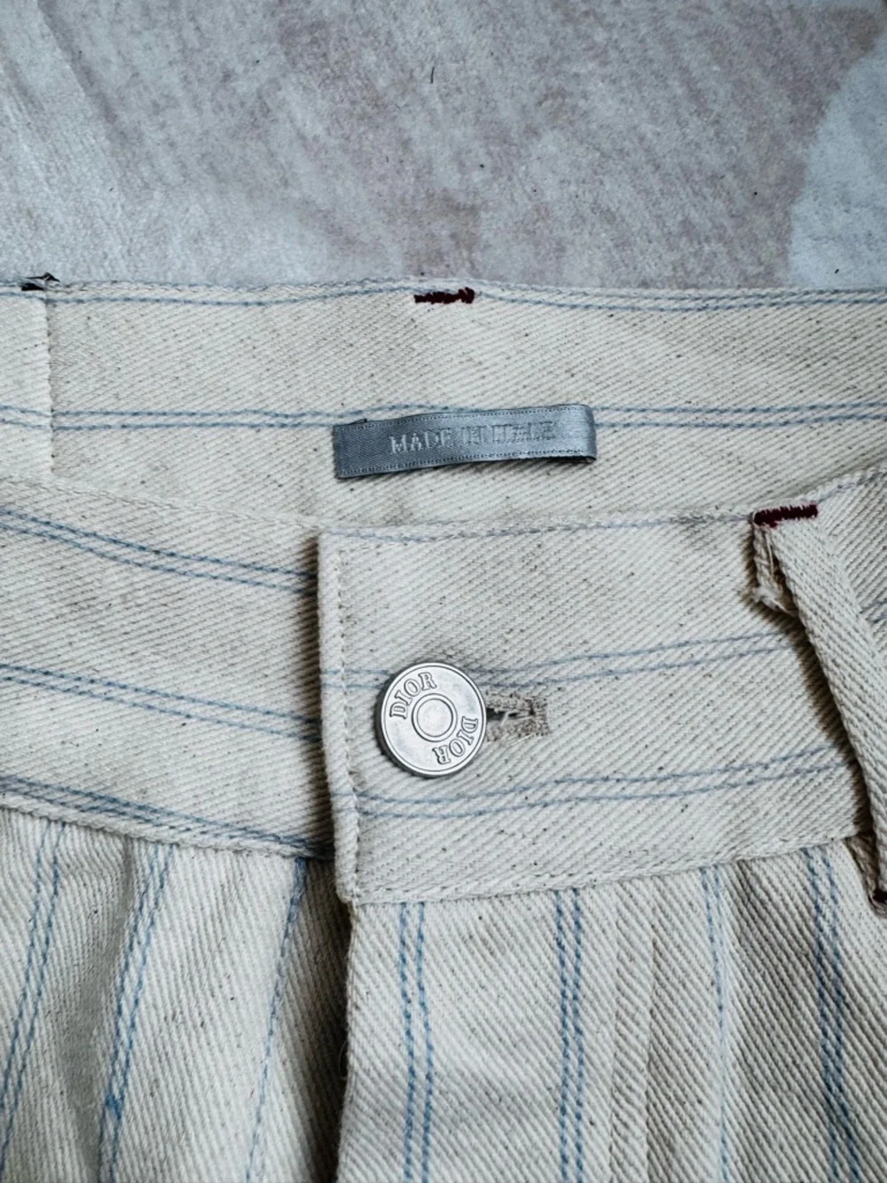 Dior Cream Pants with Blue Pinstripes and Branded Button - Picture 6 of 14